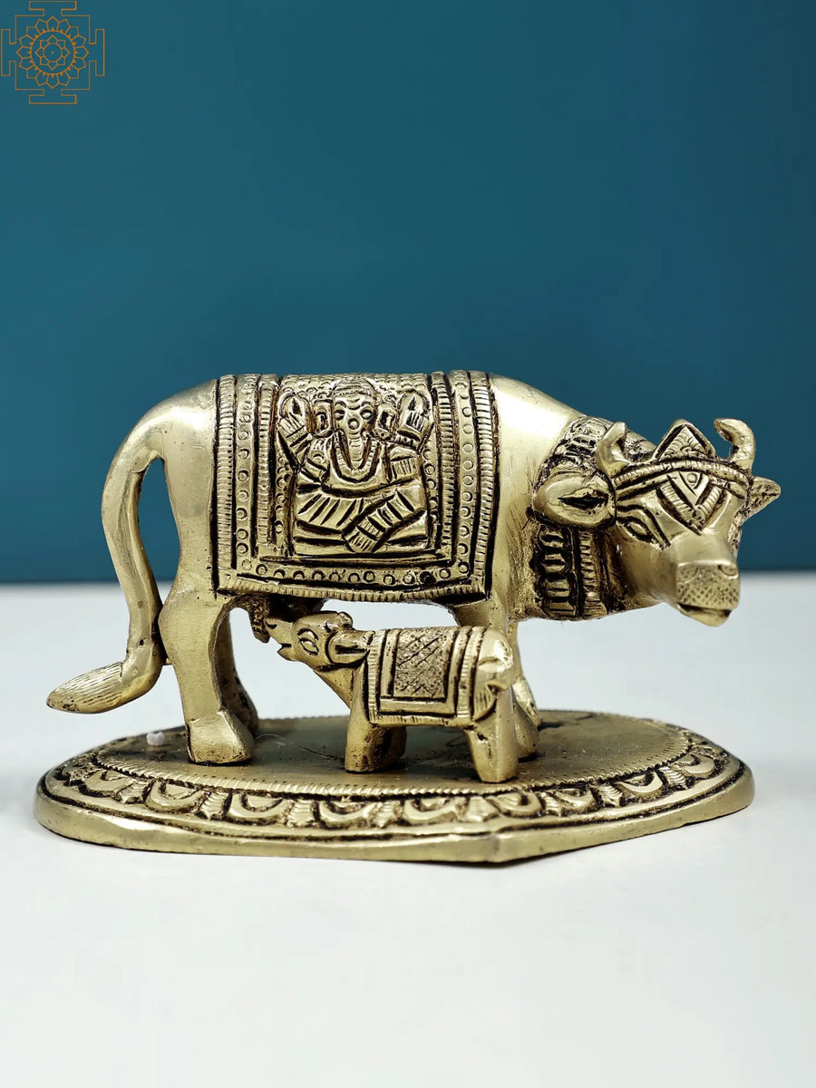 4" Holy Mother Cow with Calf Handmade Brass Statue