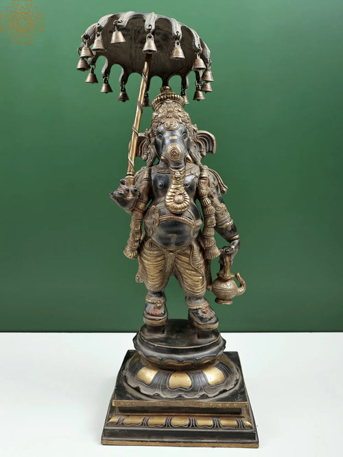 25" Handmade Brass Ganesha with Umbrella and Kamandal Statue