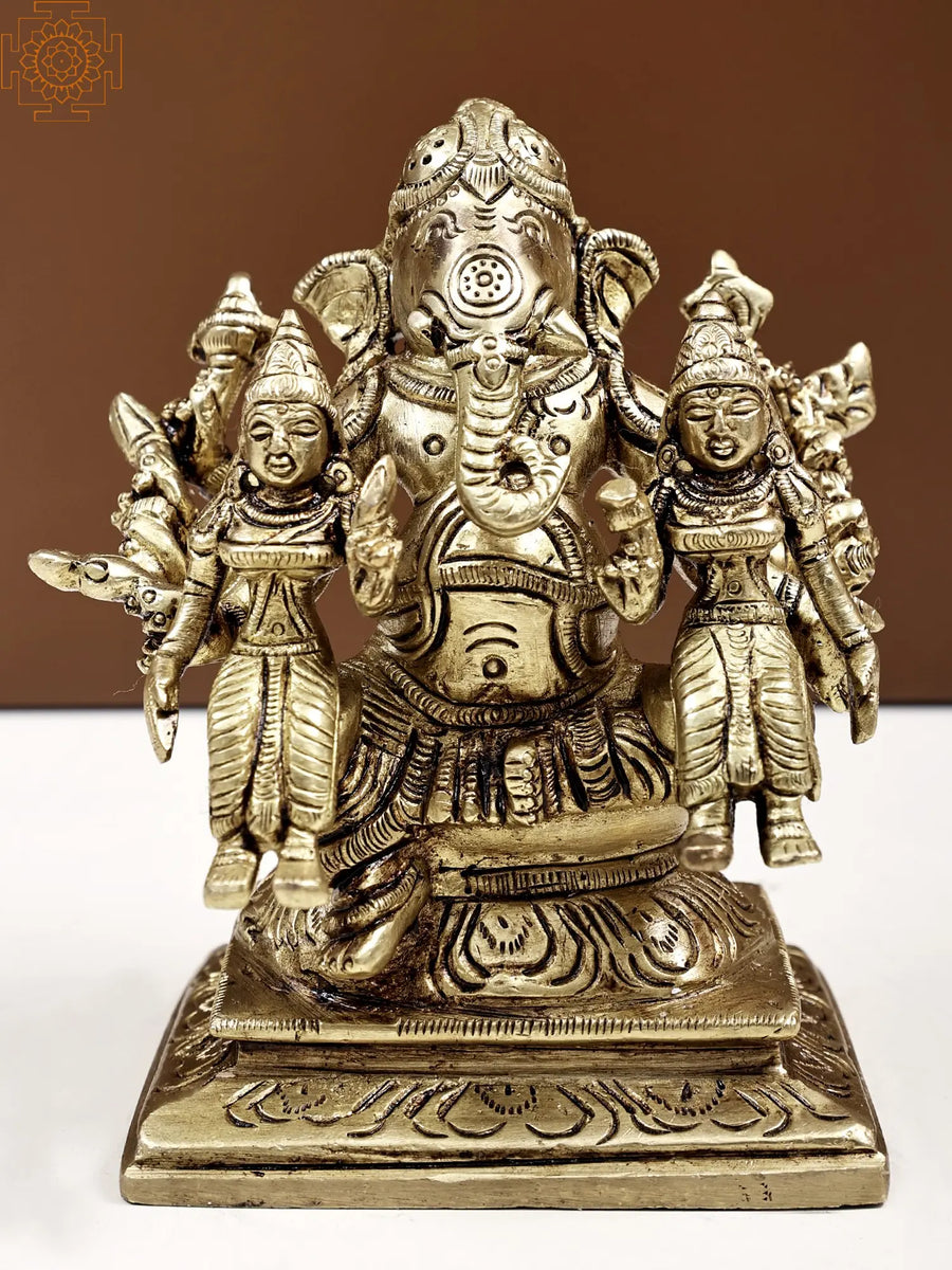 4" Ganesha Idol with Riddhi Siddhi Handmade Brass Statue