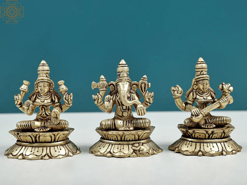 3.5" Lakshmi Ganesha Saraswati Handmade Brass Statue