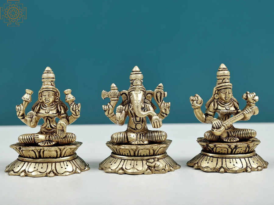 3.5" Lakshmi Ganesha Saraswati Handmade Brass Statue