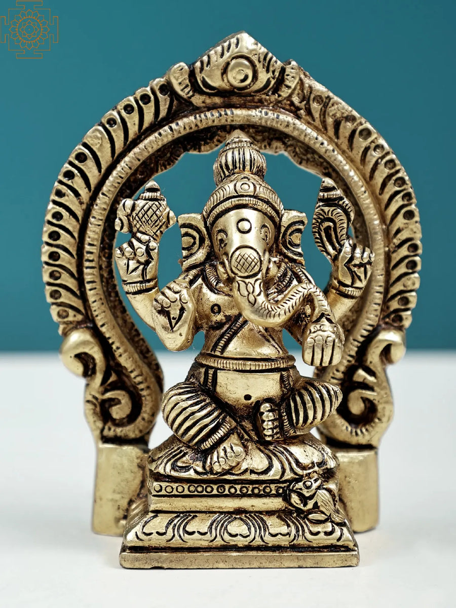 3.5" Chaturbhuja Lord Ganesha Handmade Brass Idol