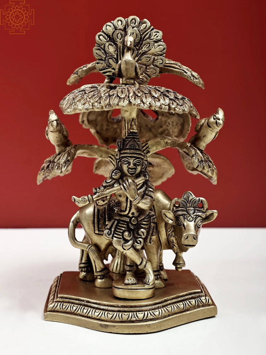 6" Handmade Brass Lord Krishna with Cow Statue