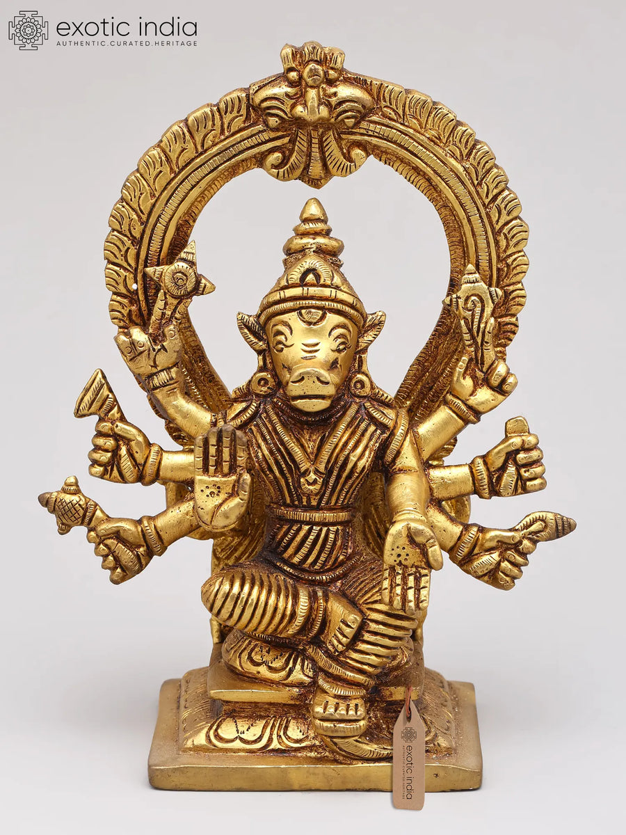 7" Eight-Armed Goddess Varahi Brass Statue with Kirtimukha Prabhavali