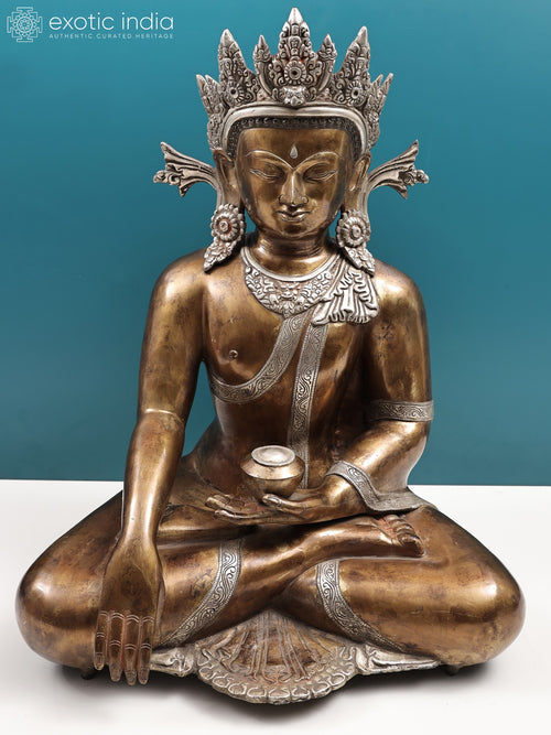 22" Handmade Crowned Buddha Bhumisparsha Mudra Brass Statue