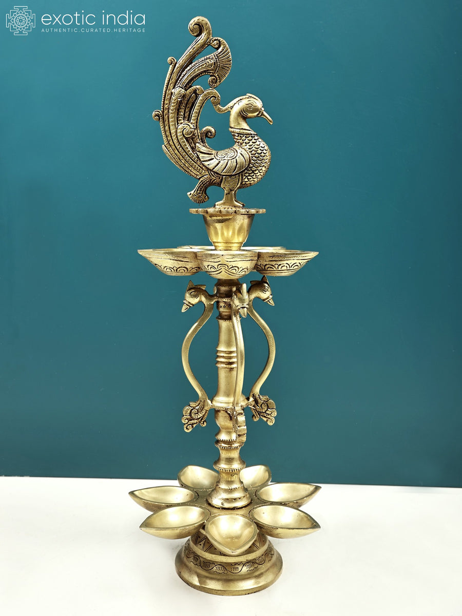 20" Handmade Two Layer Peacock Brass Lamp with 12 Wicks
