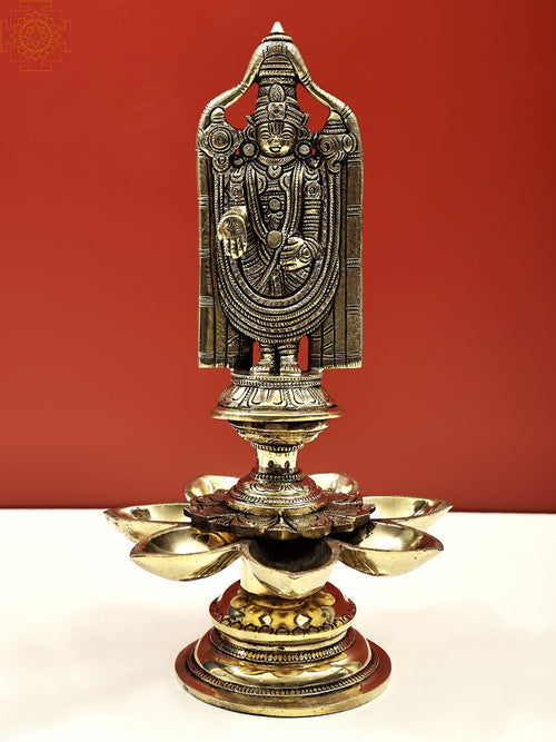 13" Handmade Lord Venkateshvara Balaji Brass Idol with 7 Wicks Lamp