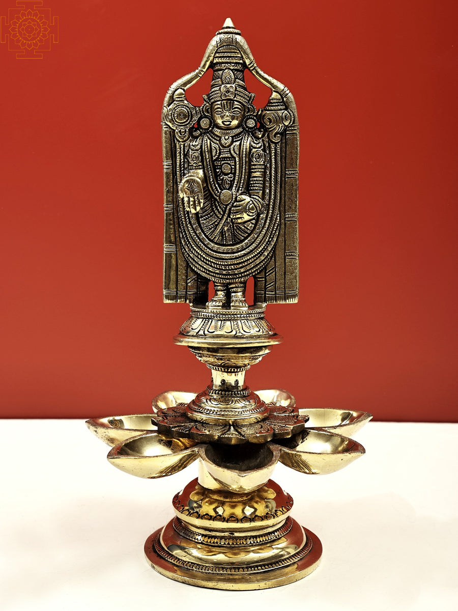 13" Handmade Lord Venkateshvara Balaji Brass Idol with 7 Wicks Lamp