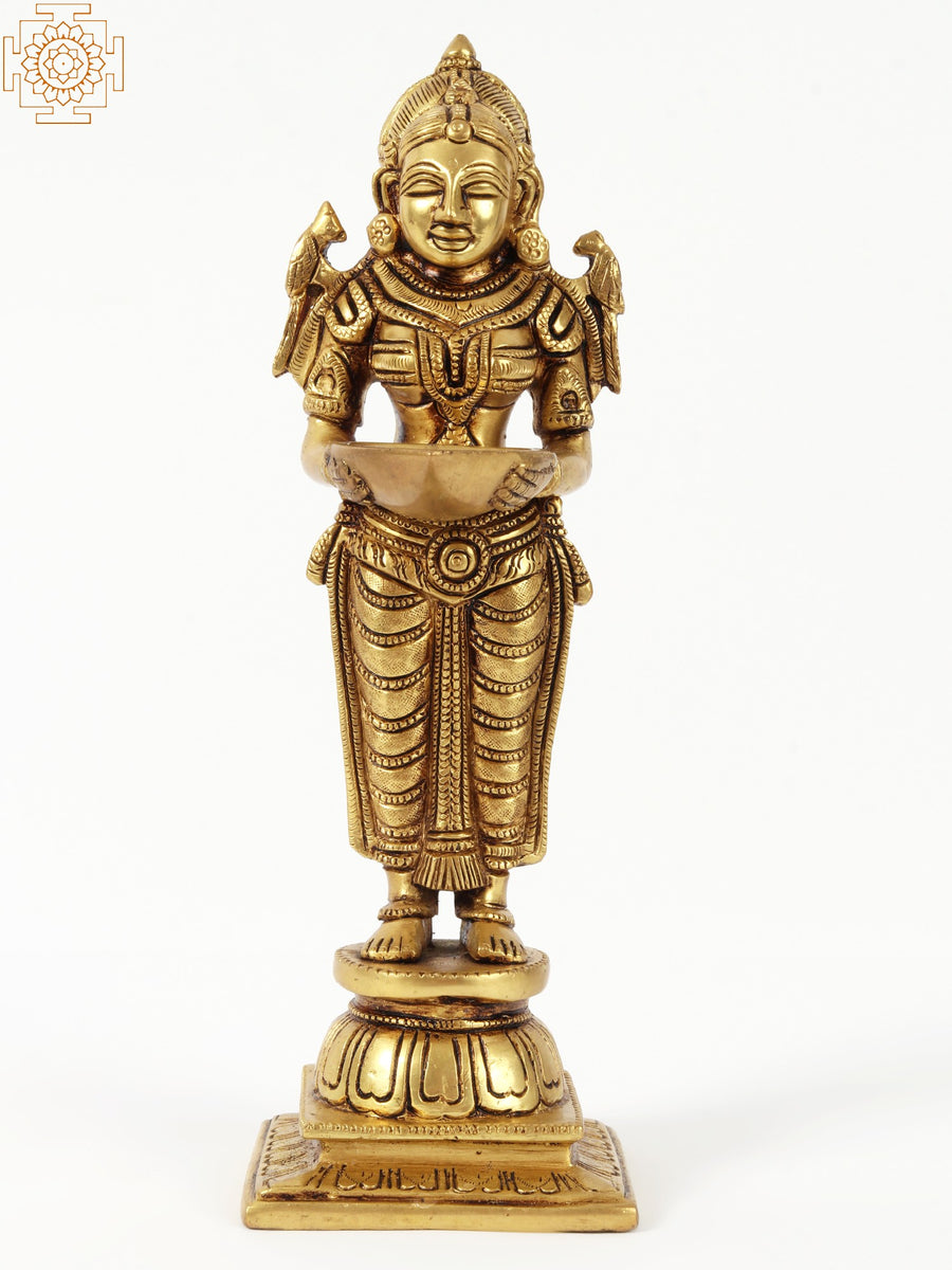 10" Handmade Brass Deeplakshmi with Parrot Statue
