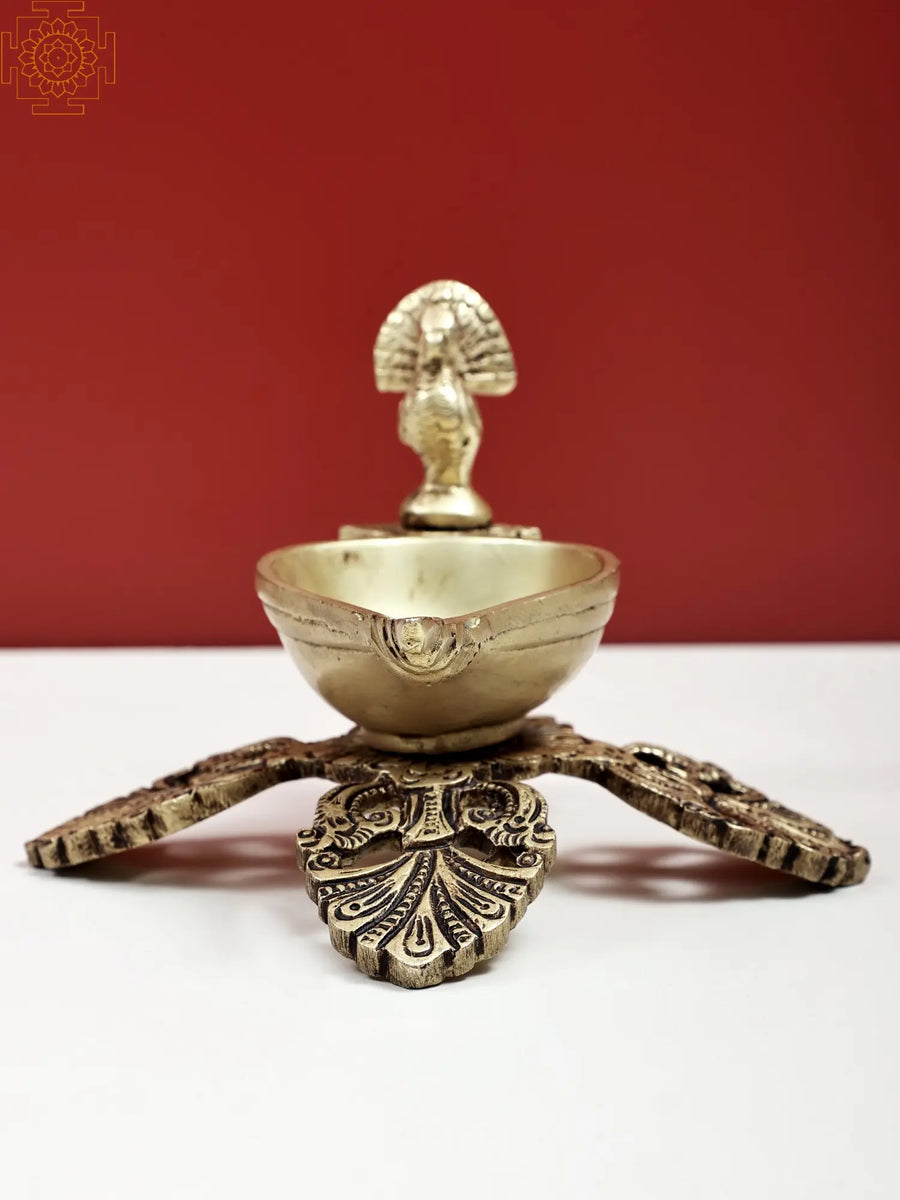 3.5" Handmade Peacock Brass Oil Lamp with Stand