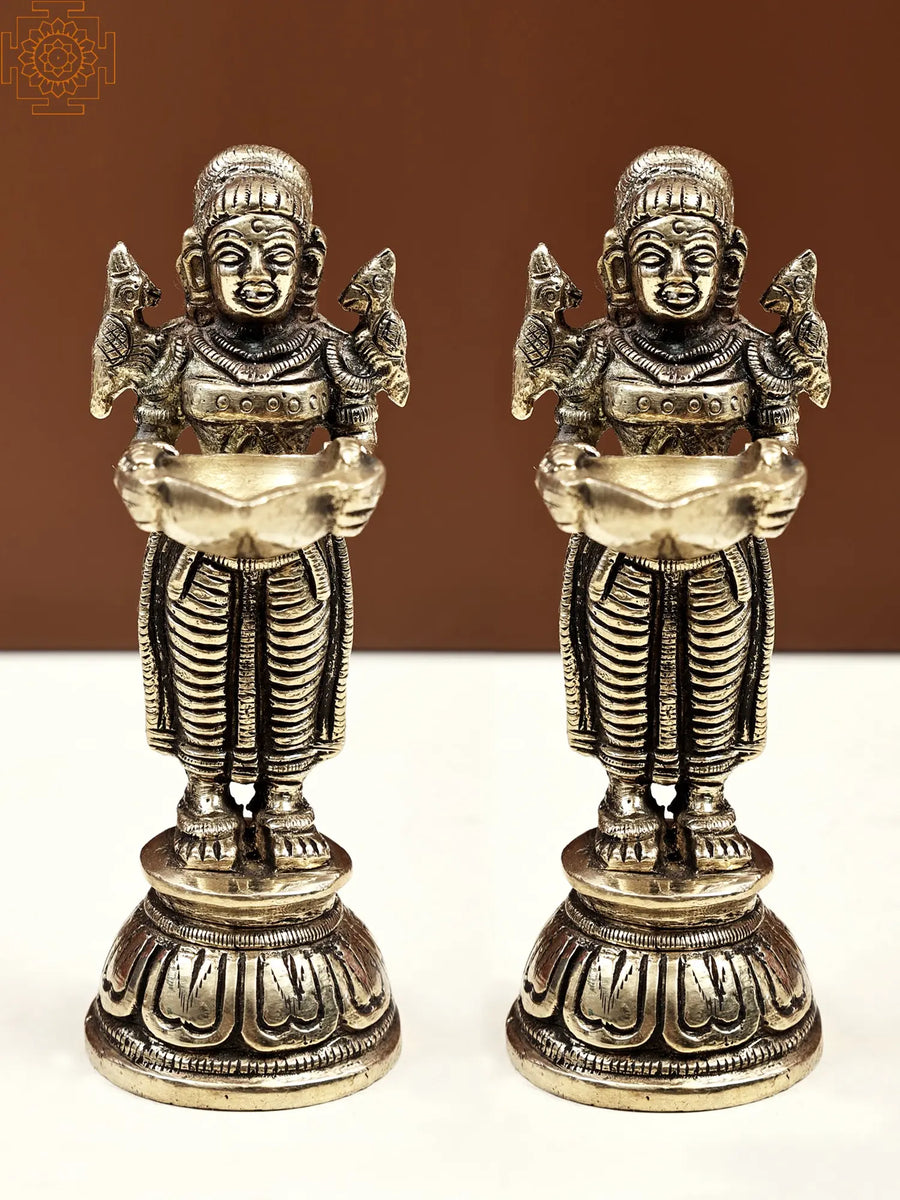 4" Handmade Deeplakshmi Pair with Parrots Brass Statue