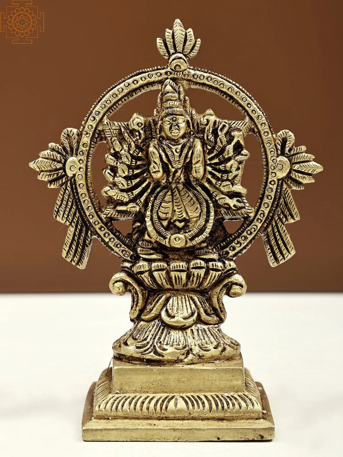 5" Small Sudarshana Vishnu Statue with Yoga Narasimha on Reverse | Handmade