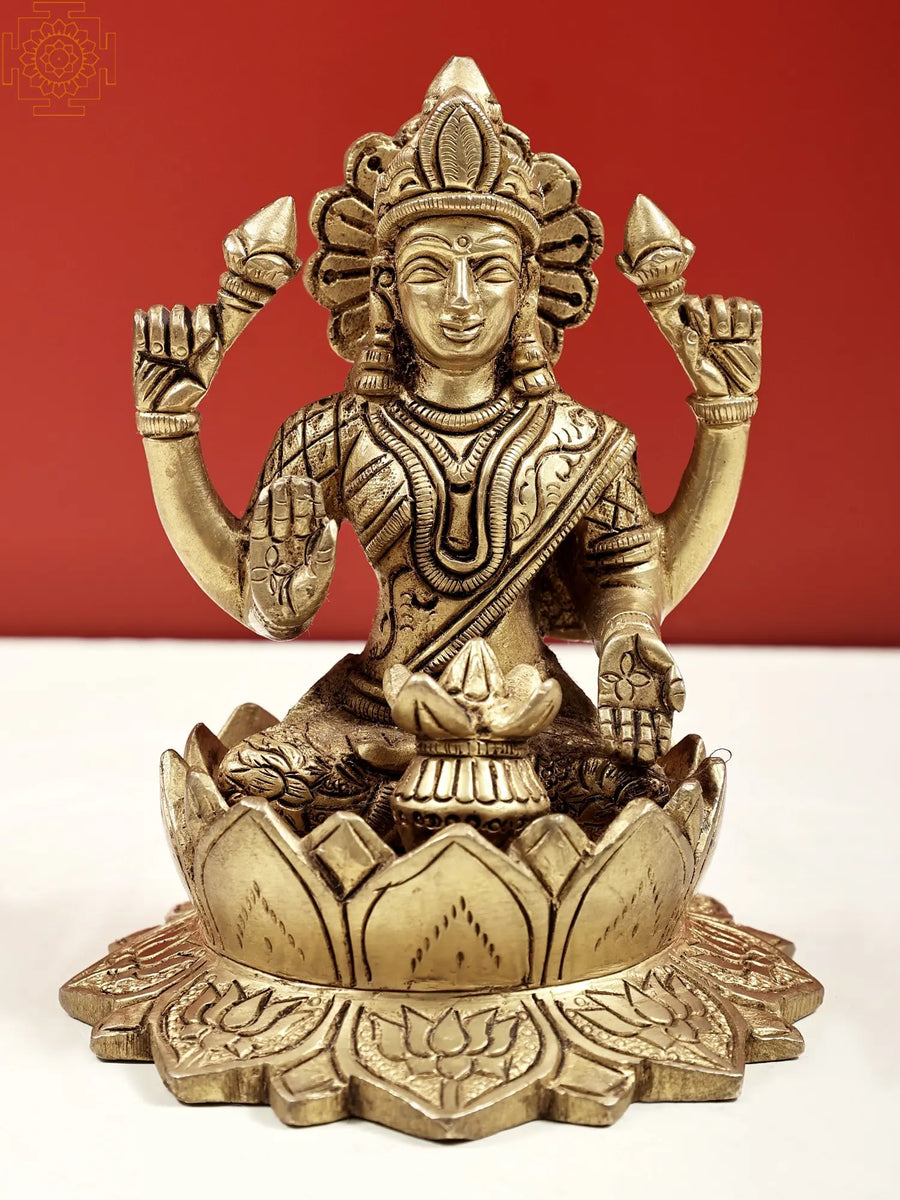 5" Handmade Goddess Lakshmi on Lotus Brass Statue