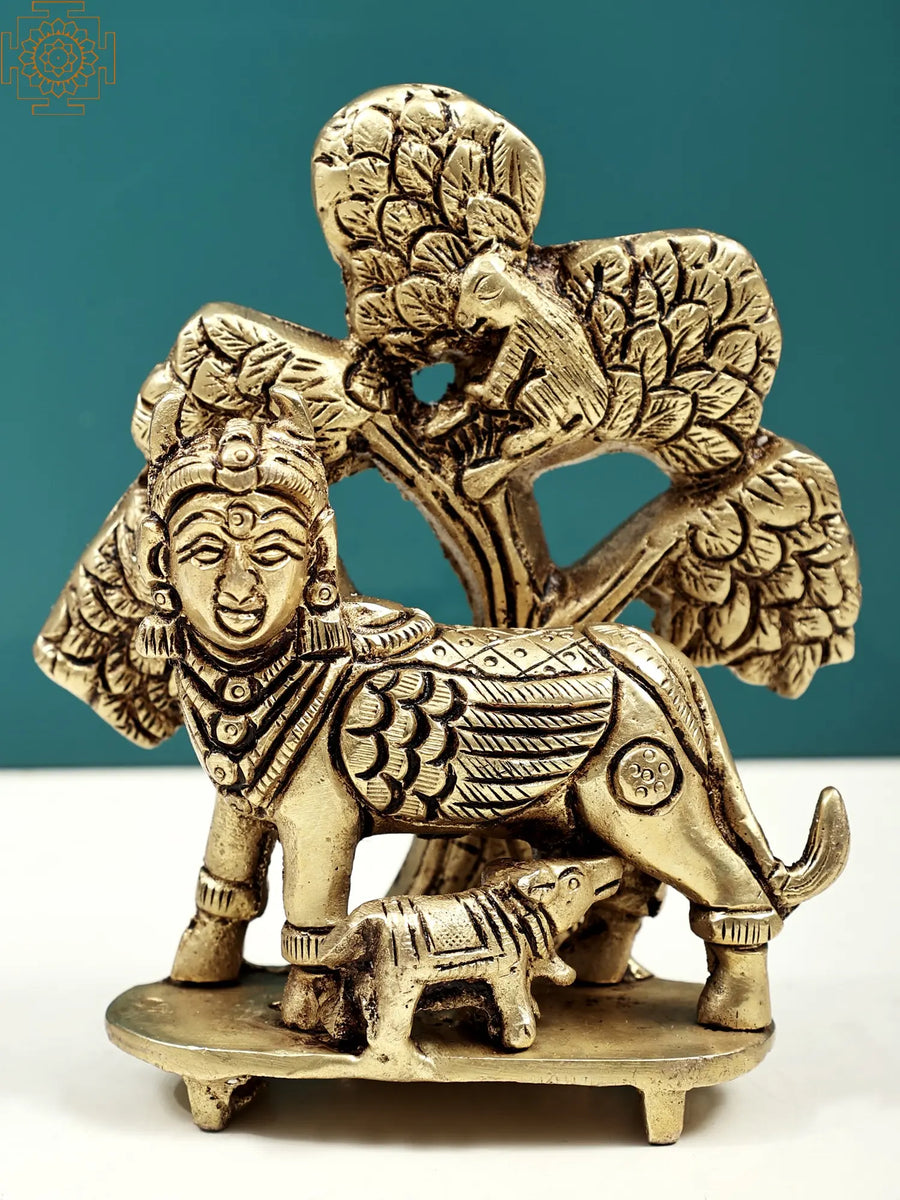 4" Handmade Kamdhenu Cow and Calf Brass Statue Under Kalpvriksha