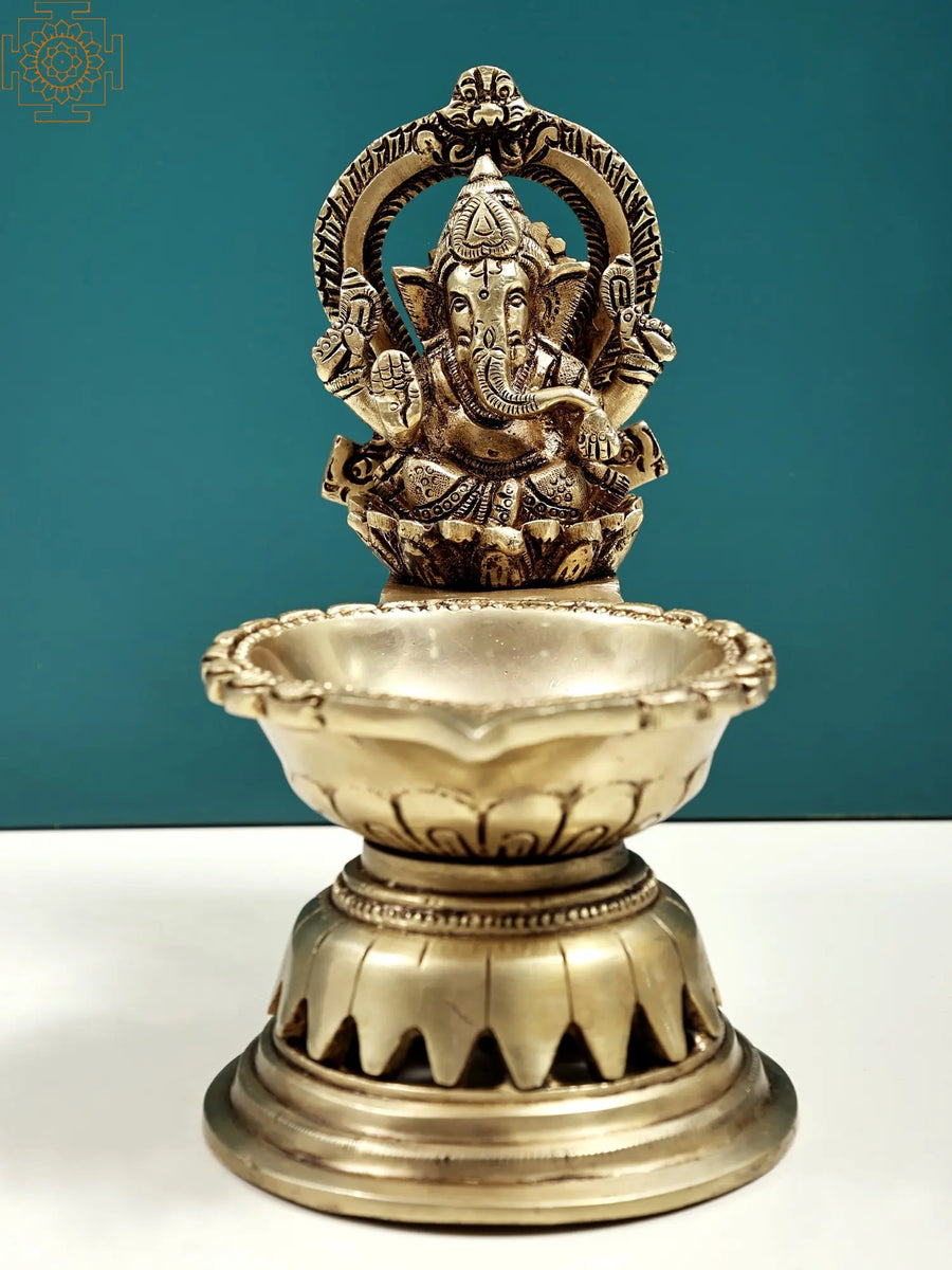 6" Handmade Brass Ganesha Diya Lamp for Pooja