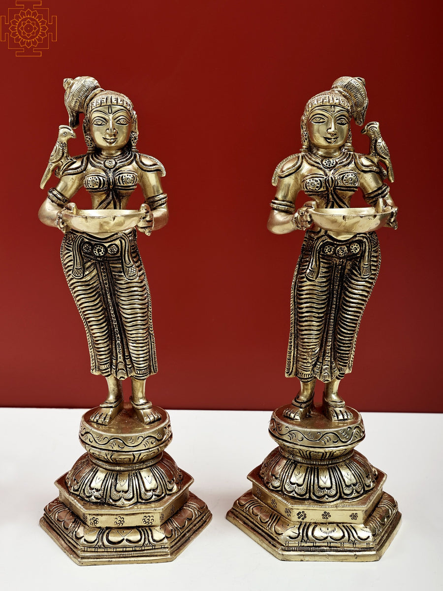 11" Deepalakshmi with Parrot Brass Statue Pair - Handmade