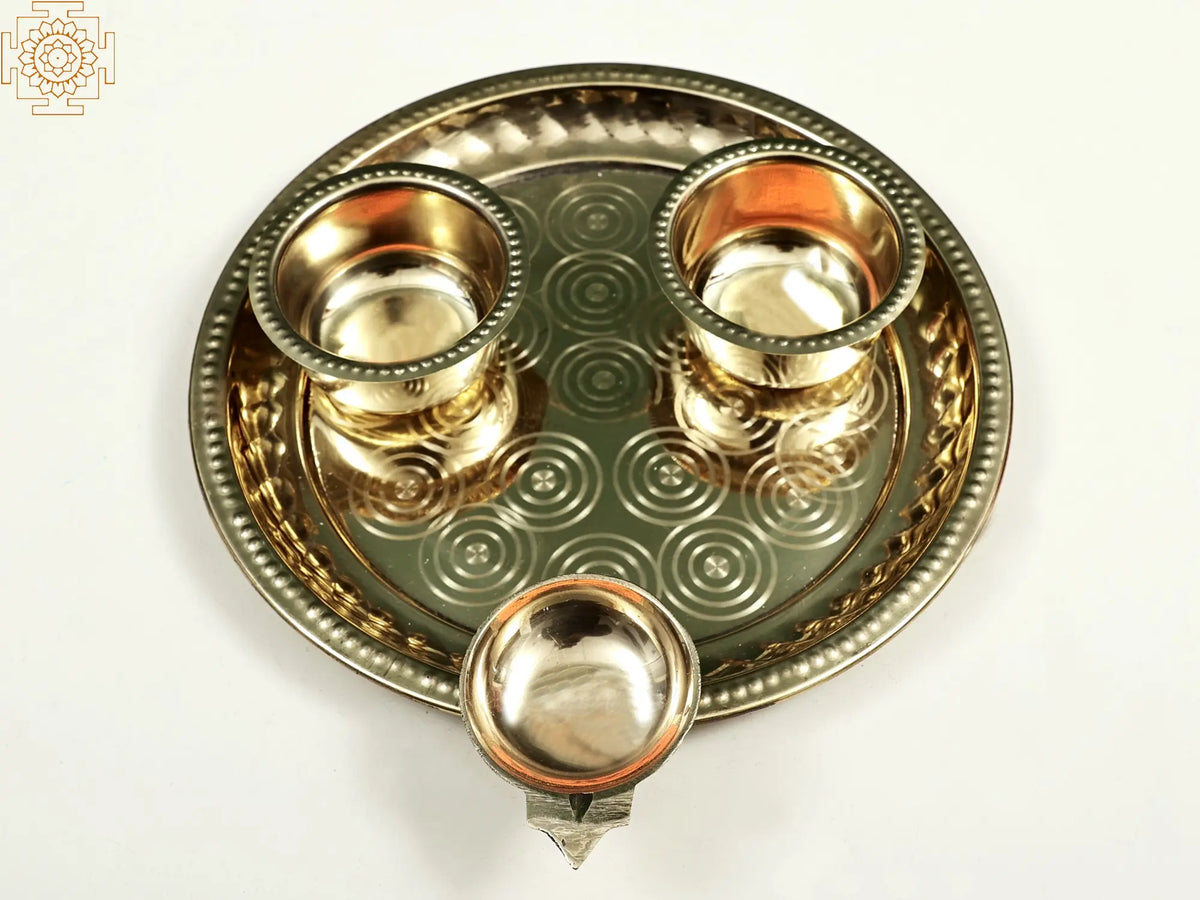 10" Puja Thali with Attached Diya and Two Small Bowl in Brass | Handmade | Made in India