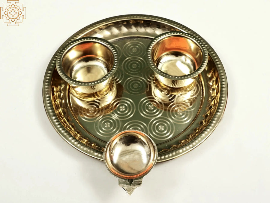 10" Brass Puja Thali with Attached Diya and Bowls for Pooja