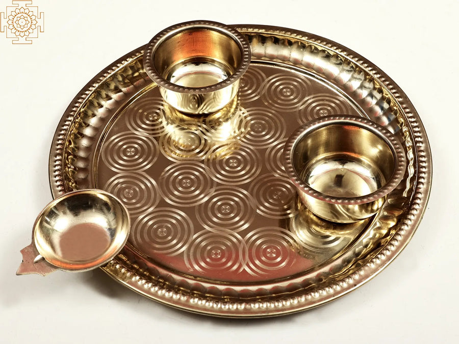 9" Brass Puja Thali with Diya and Bowls for Pooja