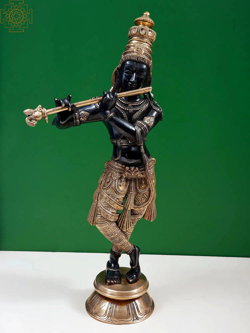 23" Handmade Krishna Playing Flute Brass Statue