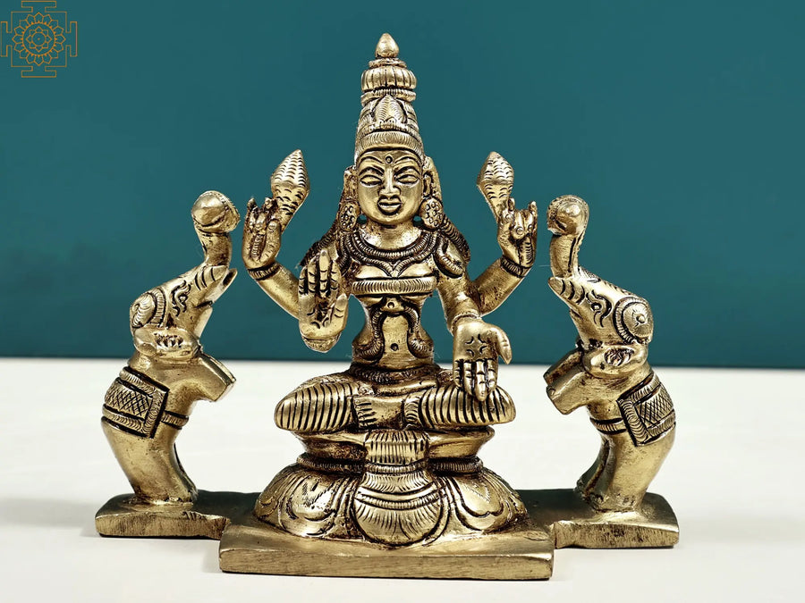 4" Small Gajalakshmi Brass Idol Handmade