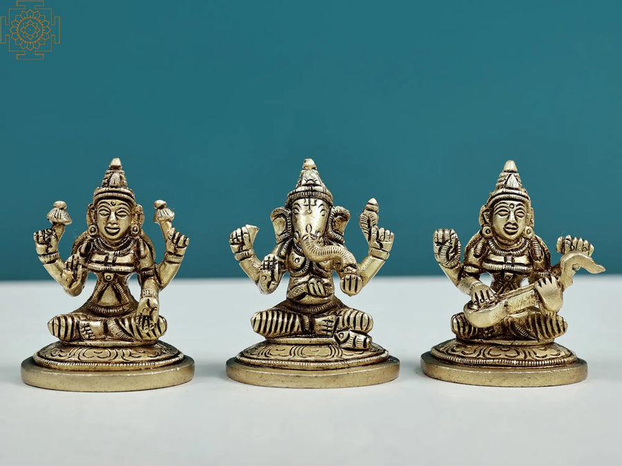 2" Ganesha Lakshmi Saraswati Brass Statue Set Handmade