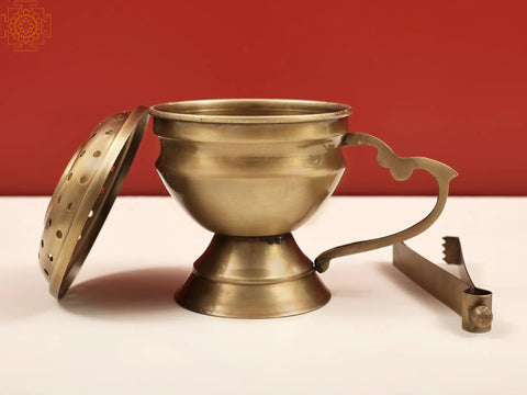 5" Brass Dhuna with Tongs | Dhoop Dani | Handmade