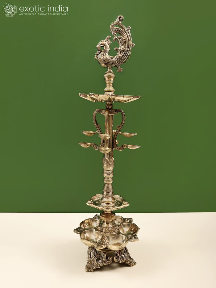27" Handmade Peacock Brass Lamp with Multiple Wicks