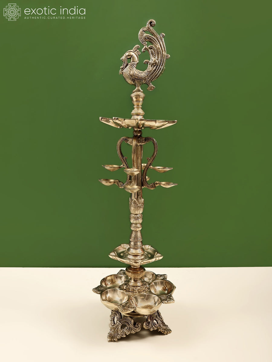 27" Handmade Peacock Brass Lamp with Multiple Wicks