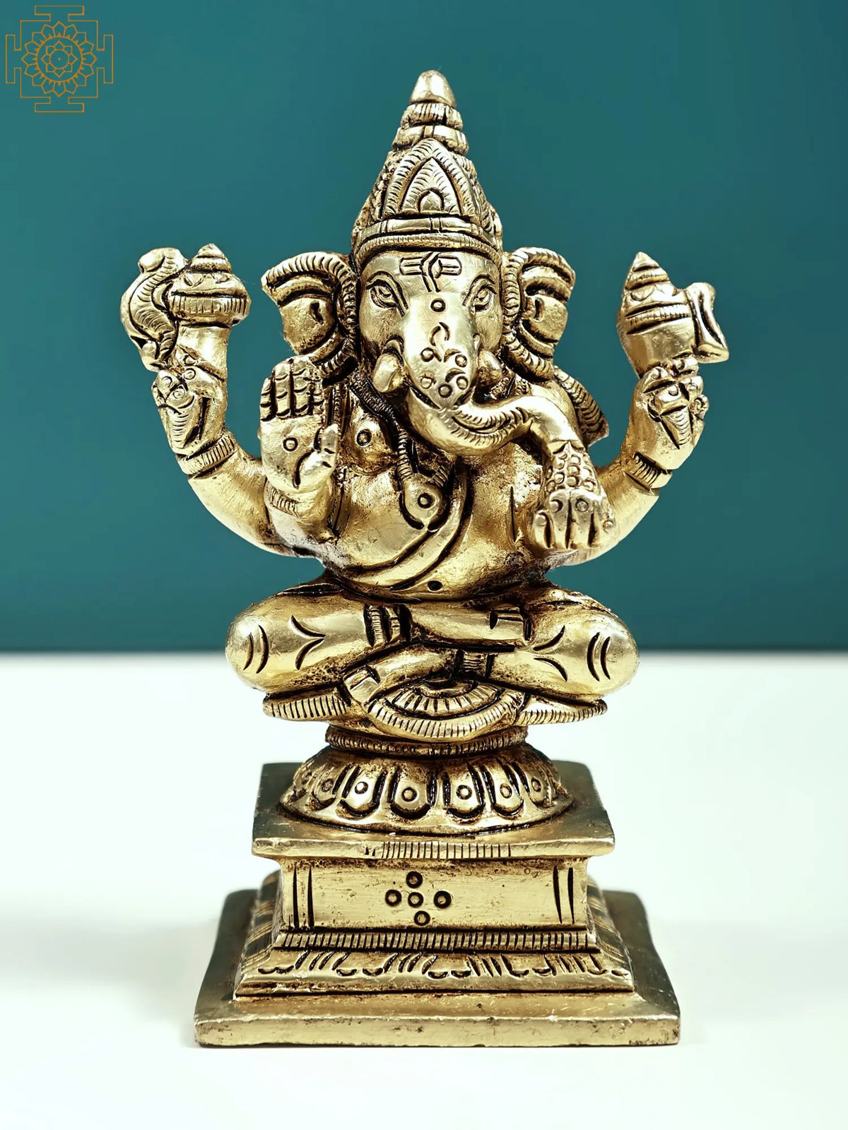 4" Small Fine Quality Four Armed Ganesha Idol Seated on Pedestal | Handmade