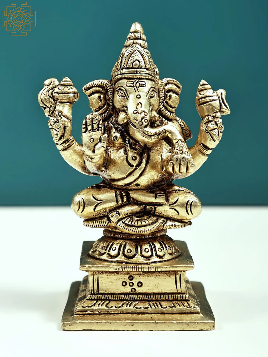 4" Four Armed Ganesha Brass Idol Handmade Seated on Pedestal