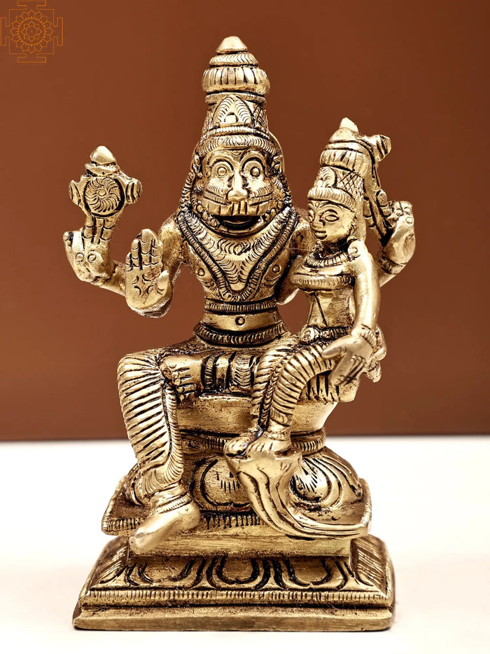 4" Small Lord Narasimha Statue with Goddess Lakshmi | Handmade Brass Idols
