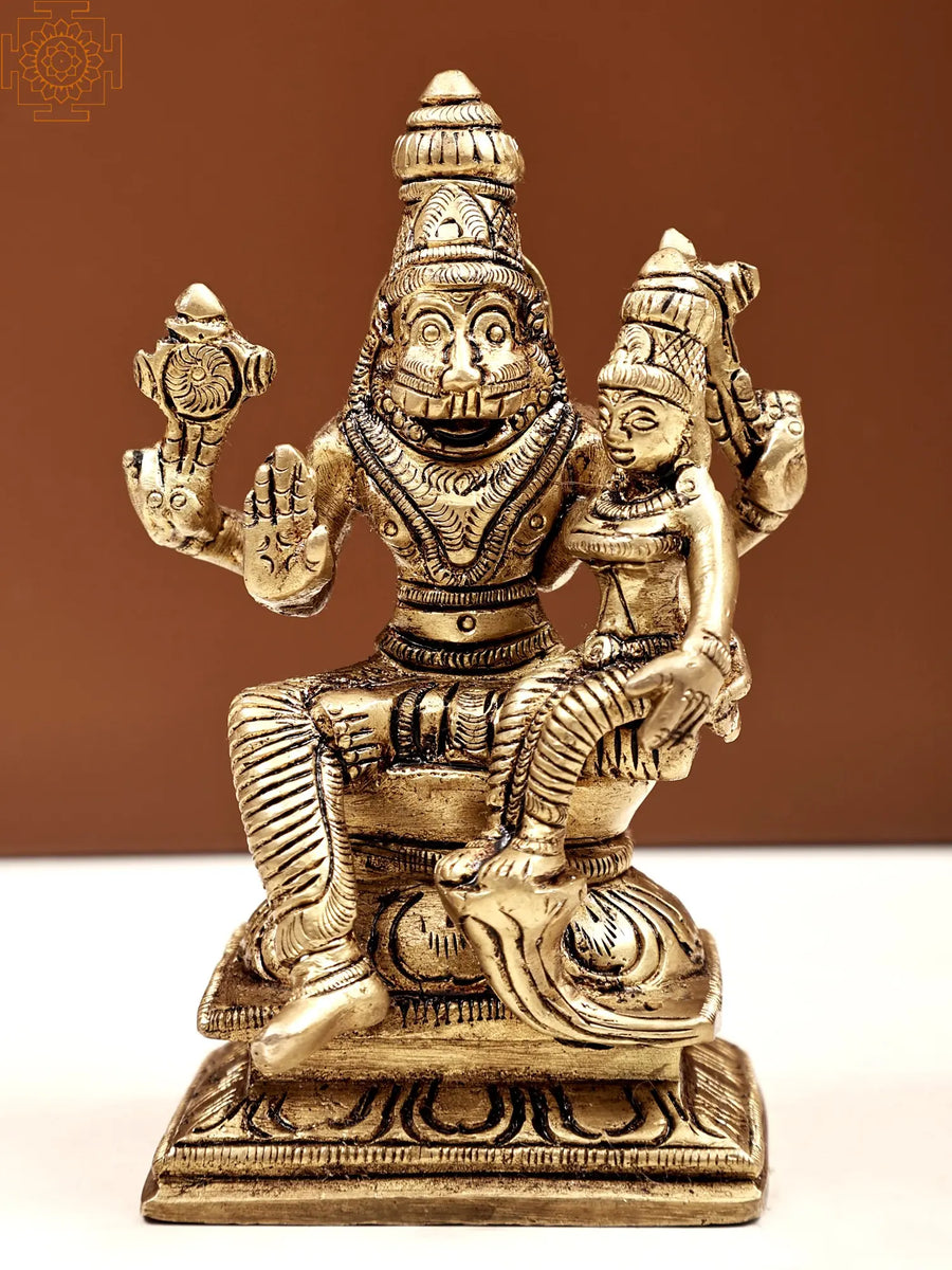 4" Handmade Brass Lord Narasimha with Lakshmi Idol
