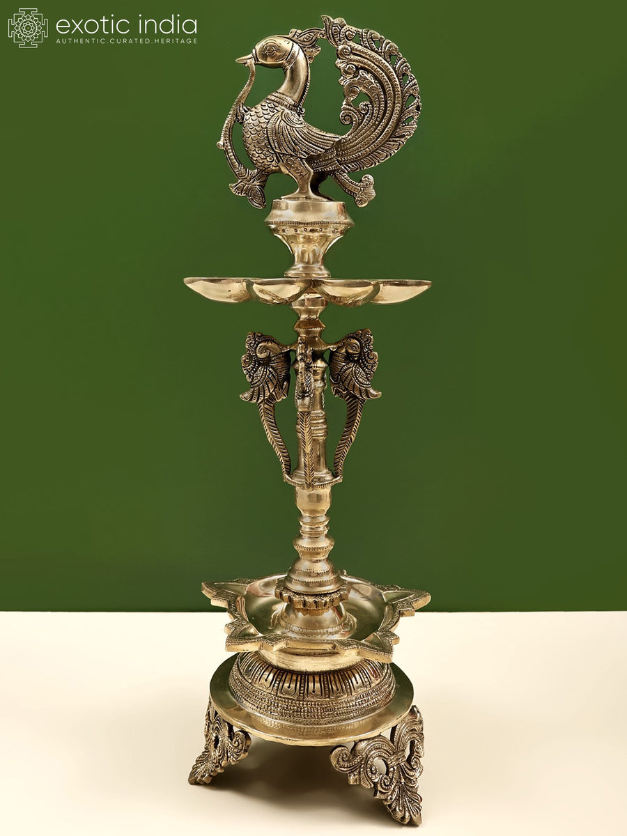 22" Handmade Peacock Brass Oil Lamp Multiple Wicks
