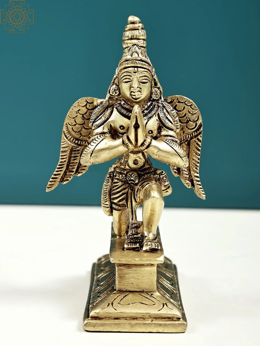 4" Handmade Brass Garuda Statue in Namaskara Mudra Pose