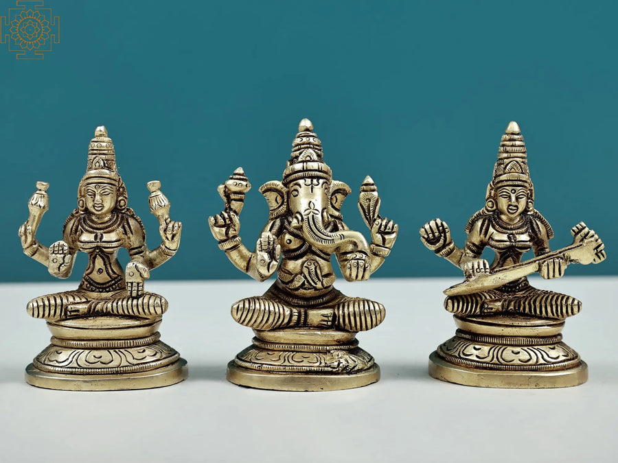3" Handmade Brass Ganesha Lakshmi Saraswati Statues for Pooja