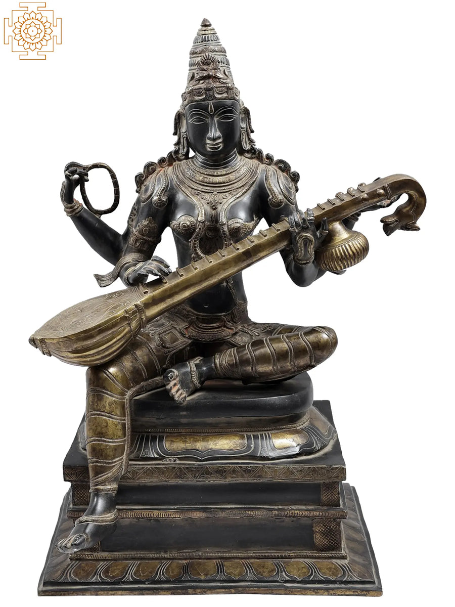 26" Handmade Brass Goddess Saraswati Statue for Pooja