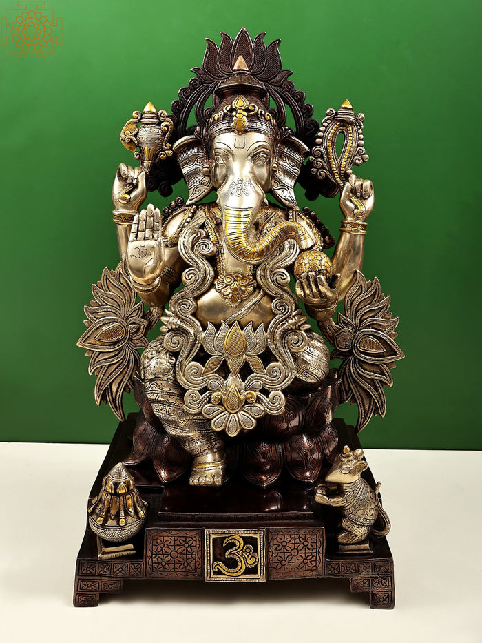 25" Handmade Brass Ganesha Lotus Sculpture for Home Decor