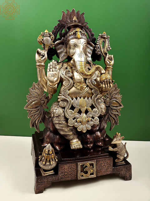 25" Brass Lotus Ganesha Sculpture | Handmade Brass Statue