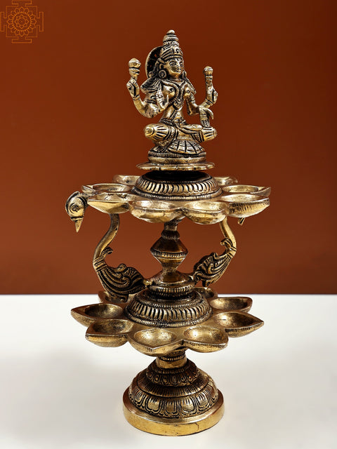 9" Multi Wicks Lamp with Goddess Lakshmi and Peacock Pair | Handmade