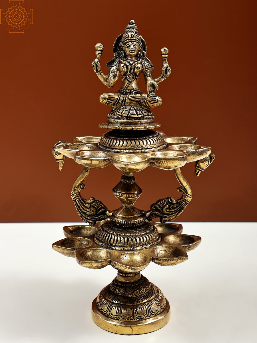 9" Handmade Brass Multi Wick Lamp with Lakshmi and Peacock
