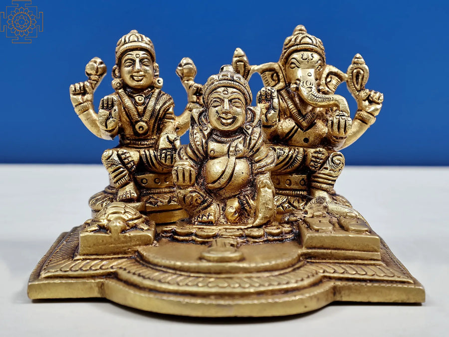 5" Lakshmi Ganesha Kubera Brass Sculpture Handmade