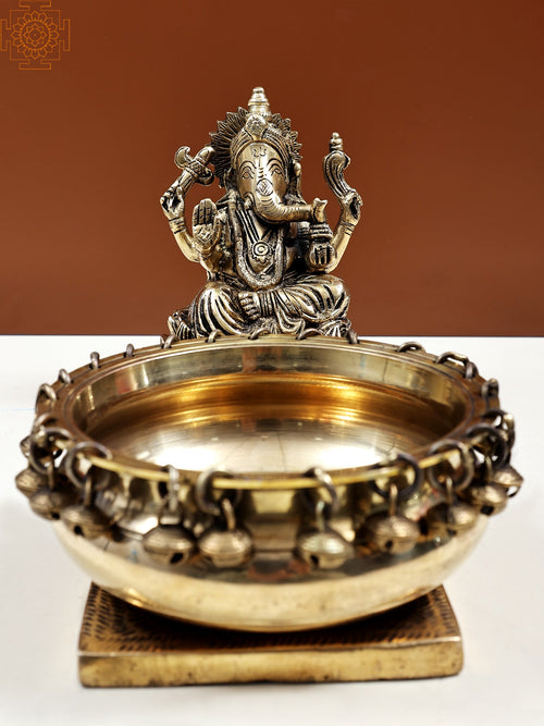 11" Handmade Brass Lord Ganesha with Urli Idol