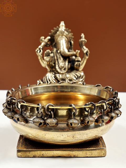 11" Brass Lord Ganesha with Urli | Handmade