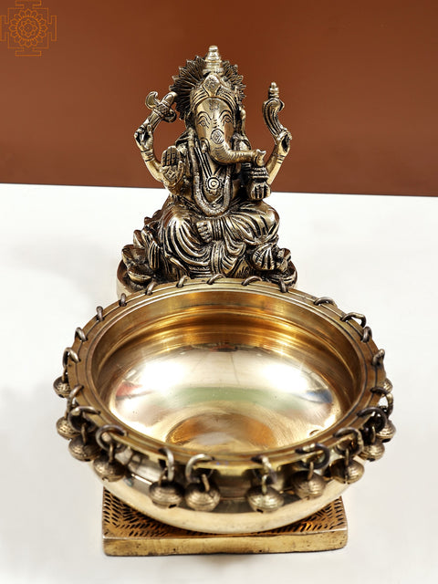 11" Brass Lord Ganesha with Urli | Handmade