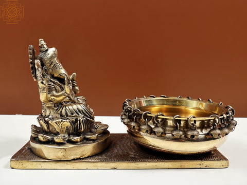 11" Brass Lord Ganesha with Urli | Handmade