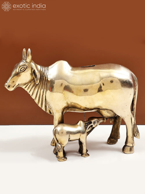 9" Handmade Brass Cow and Calf Money Bank Statue