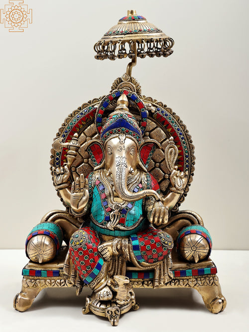 18" King Ganesha Seated Royal Throne Brass Statue Handmade