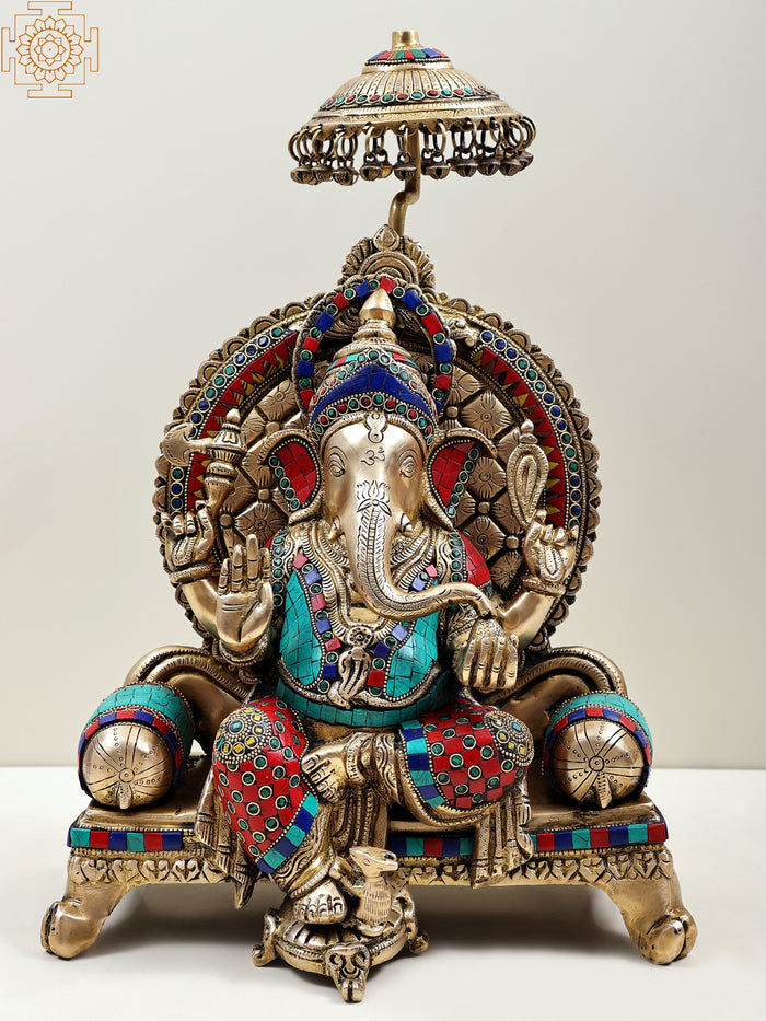 18" King Ganesha Seated Royal Throne Brass Statue Handmade