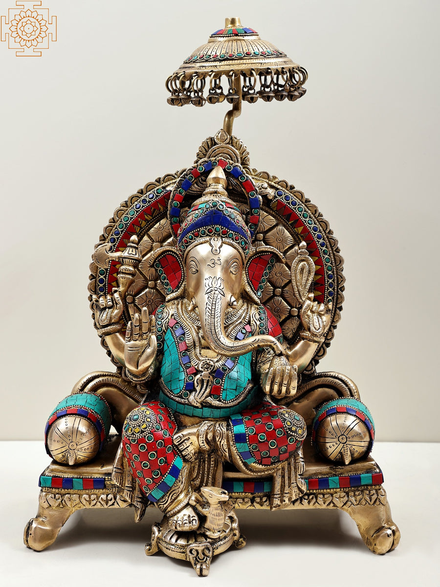 18" King Ganesha Seated Royal Throne Brass Statue Handmade